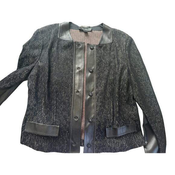 St John Couture Tweed wool Blazer Jacket Size 12 Black Leather Trim  button Knit - Picture 7 of 11